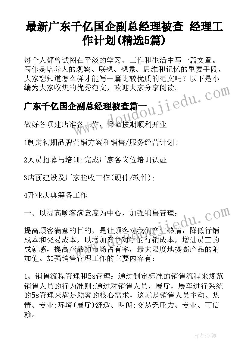 最新广东千亿国企副总经理被查 经理工作计划(精选5篇)