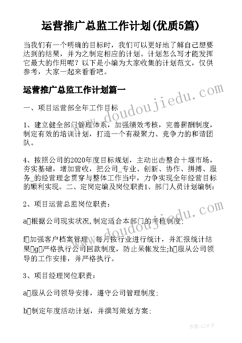 运营推广总监工作计划(优质5篇)