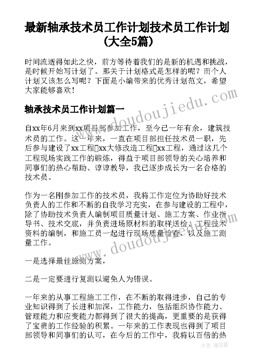 最新轴承技术员工作计划 技术员工作计划(大全5篇)