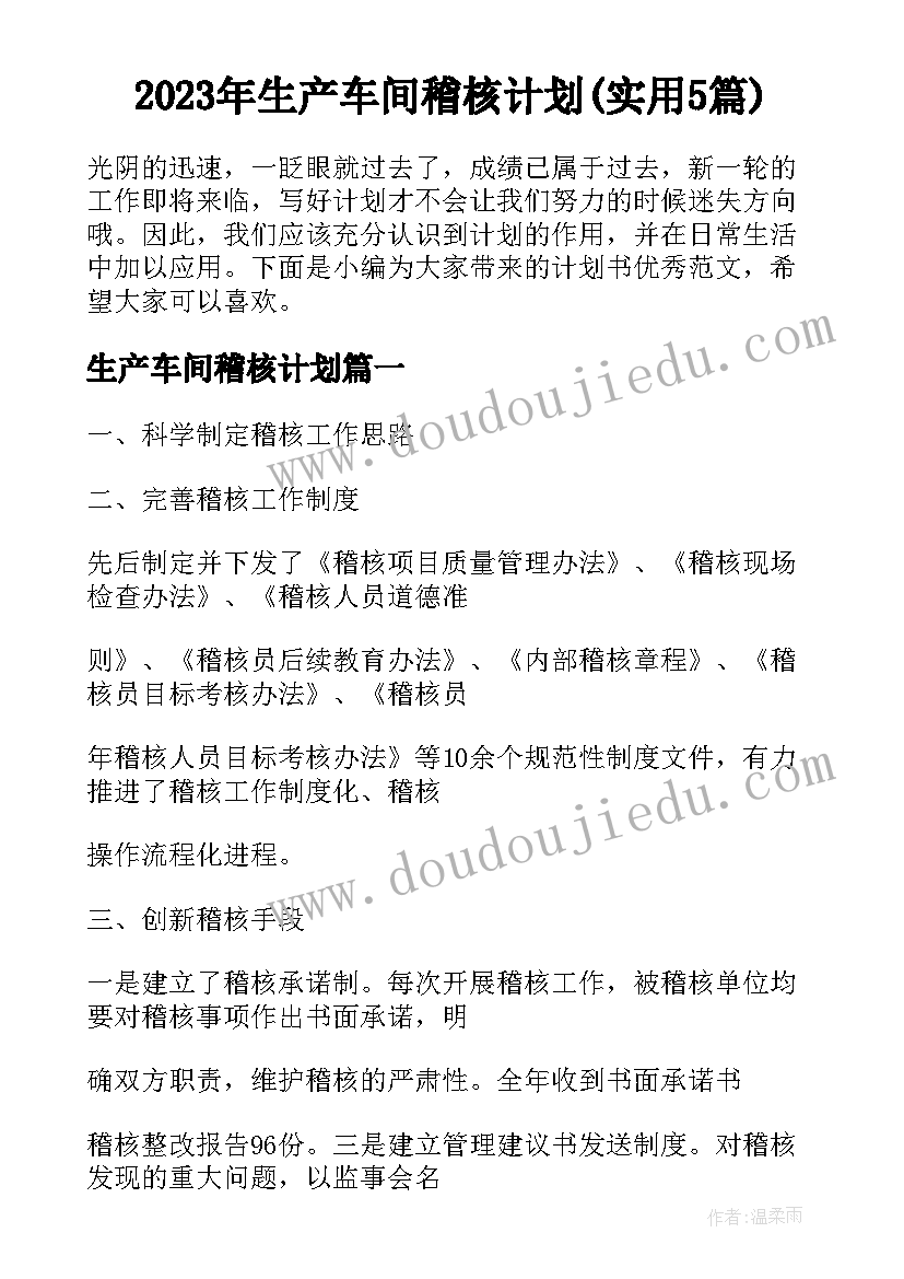 2023年生产车间稽核计划(实用5篇)