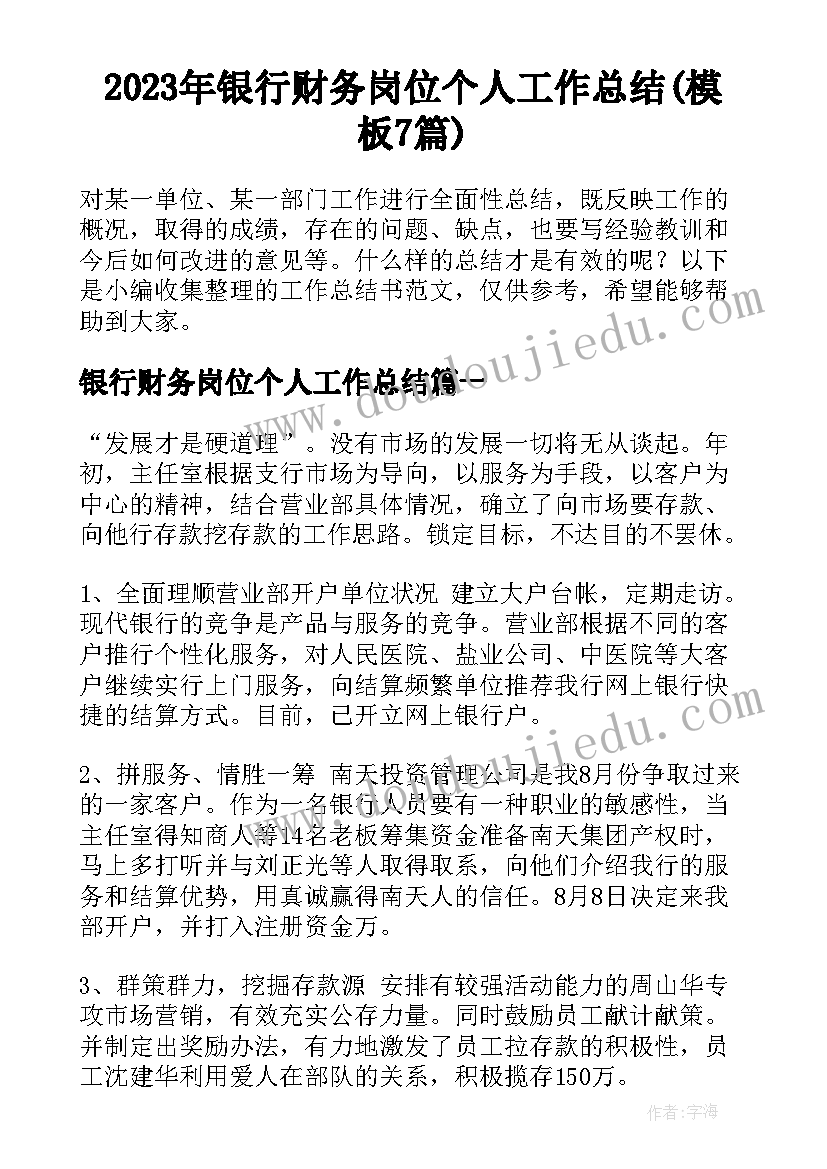 2023年银行财务岗位个人工作总结(模板7篇)