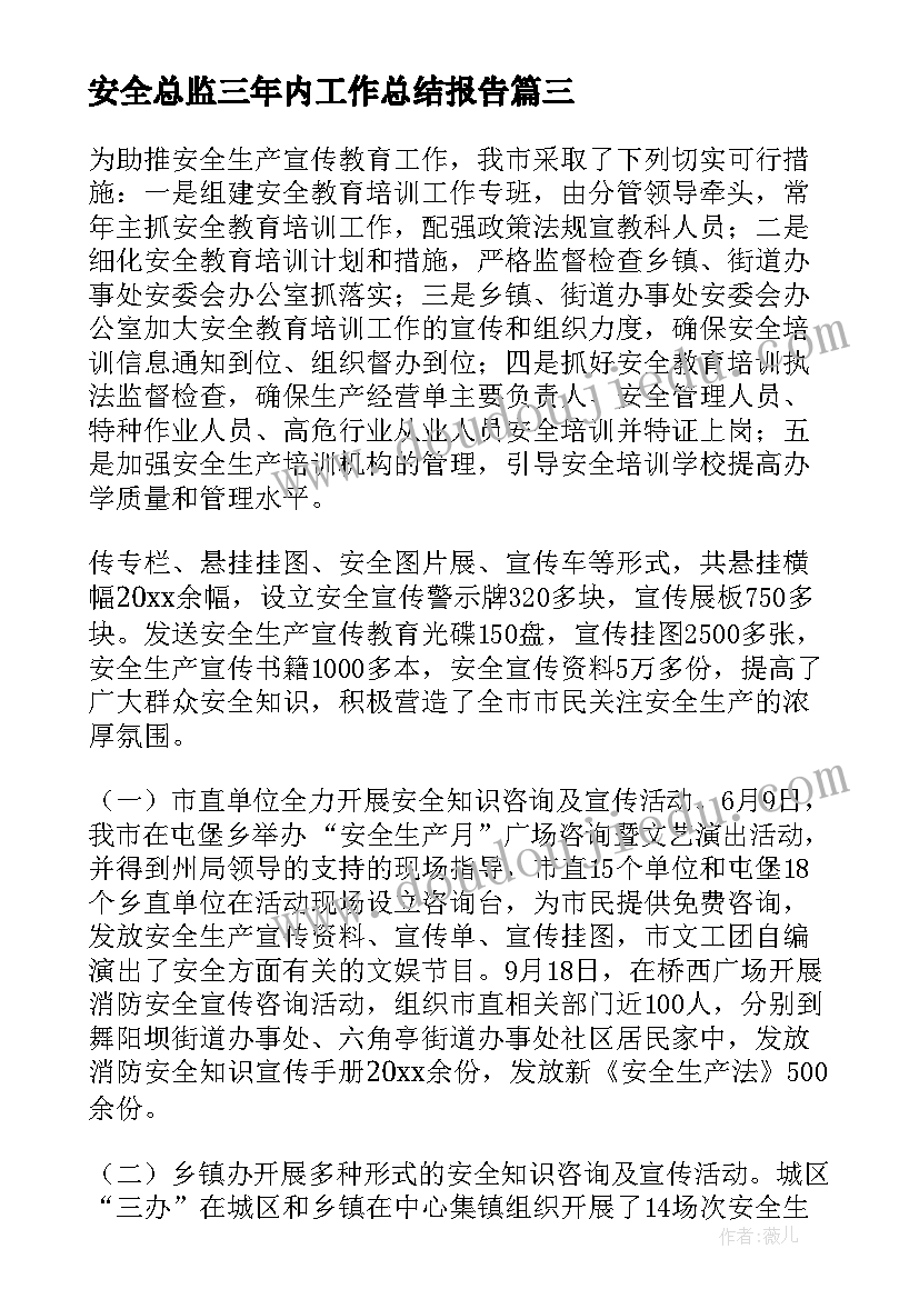 2023年安全总监三年内工作总结报告(优质9篇)