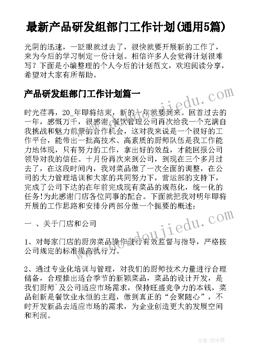 最新产品研发组部门工作计划(通用5篇)