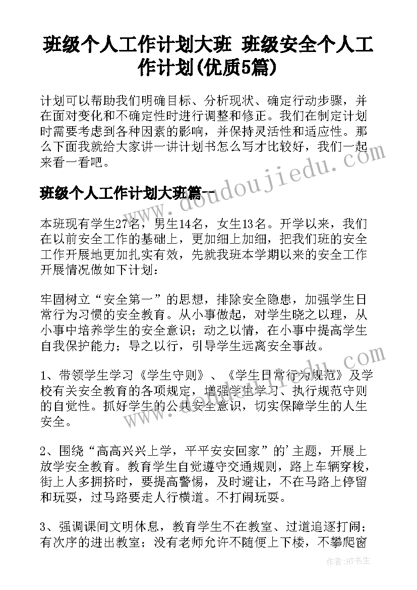 班级个人工作计划大班 班级安全个人工作计划(优质5篇)