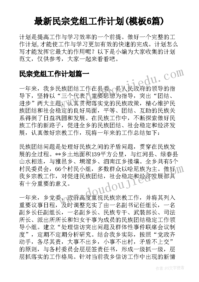 最新民宗党组工作计划(模板6篇)