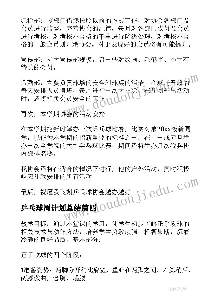 乒乓球周计划总结 乒乓球工作计划(汇总6篇)