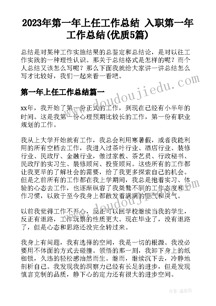 2023年第一年上任工作总结 入职第一年工作总结(优质5篇)