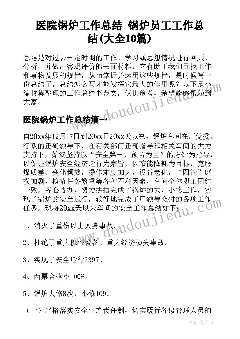 医院锅炉工作总结 锅炉员工工作总结(大全10篇)