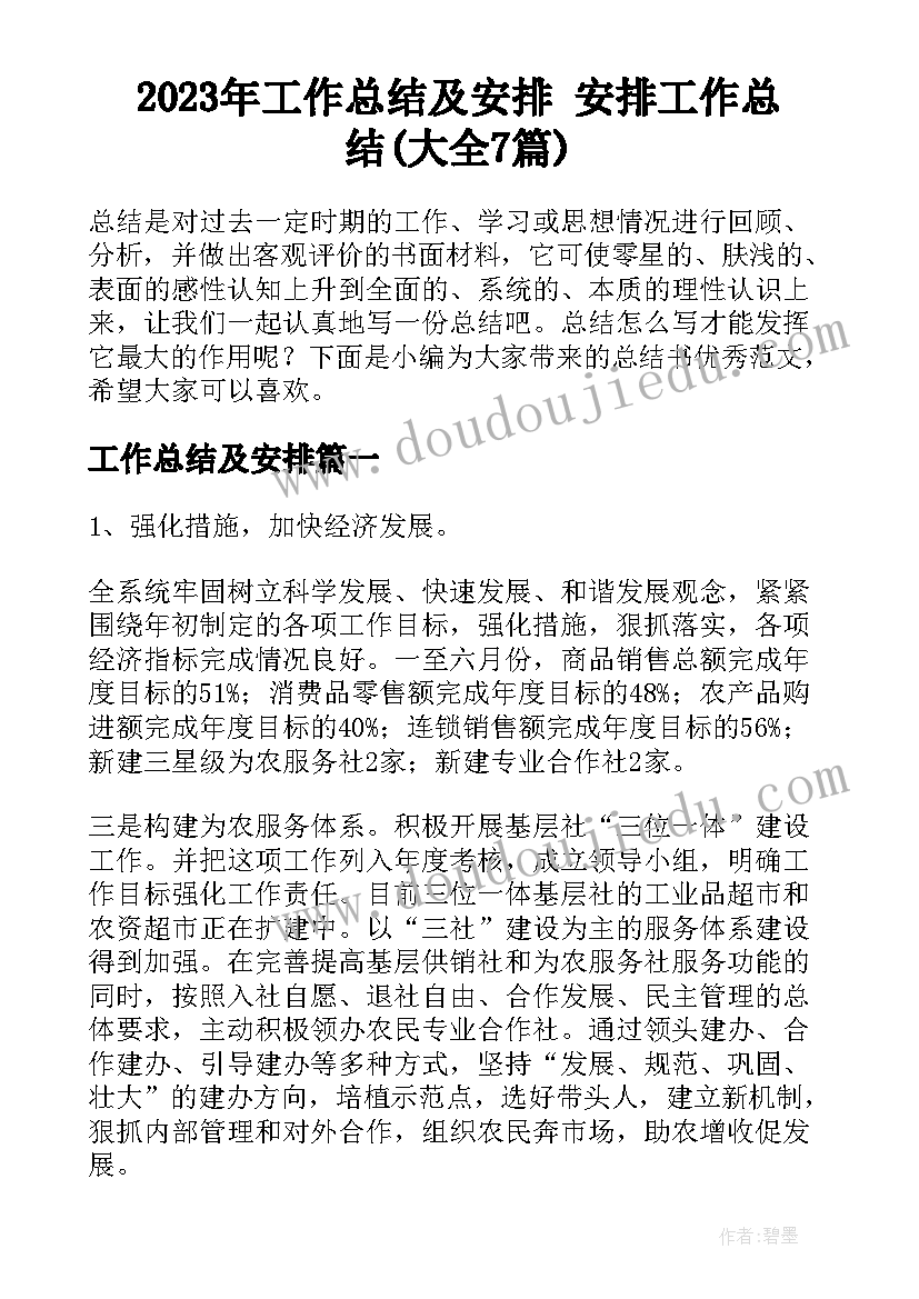 2023年工作总结及安排 安排工作总结(大全7篇)