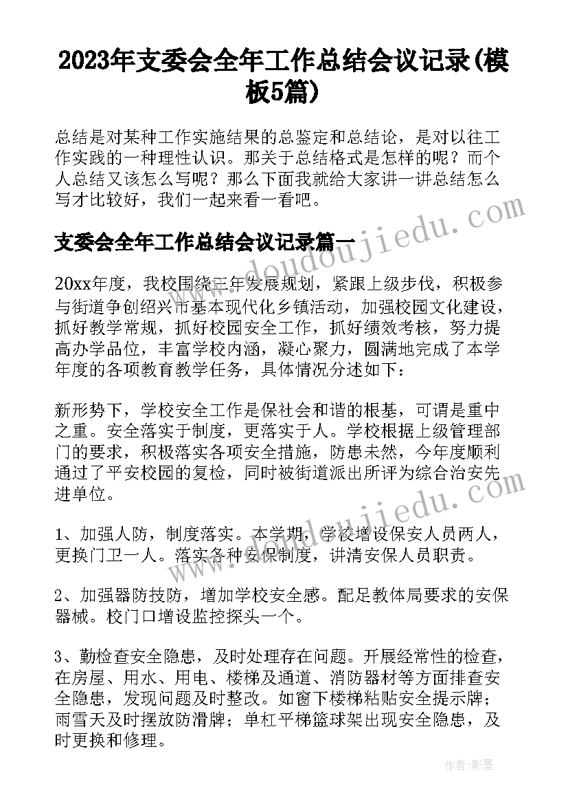 2023年支委会全年工作总结会议记录(模板5篇)