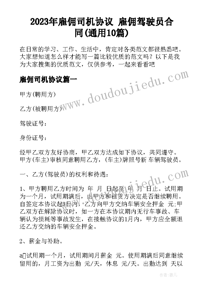 2023年雇佣司机协议 雇佣驾驶员合同(通用10篇)