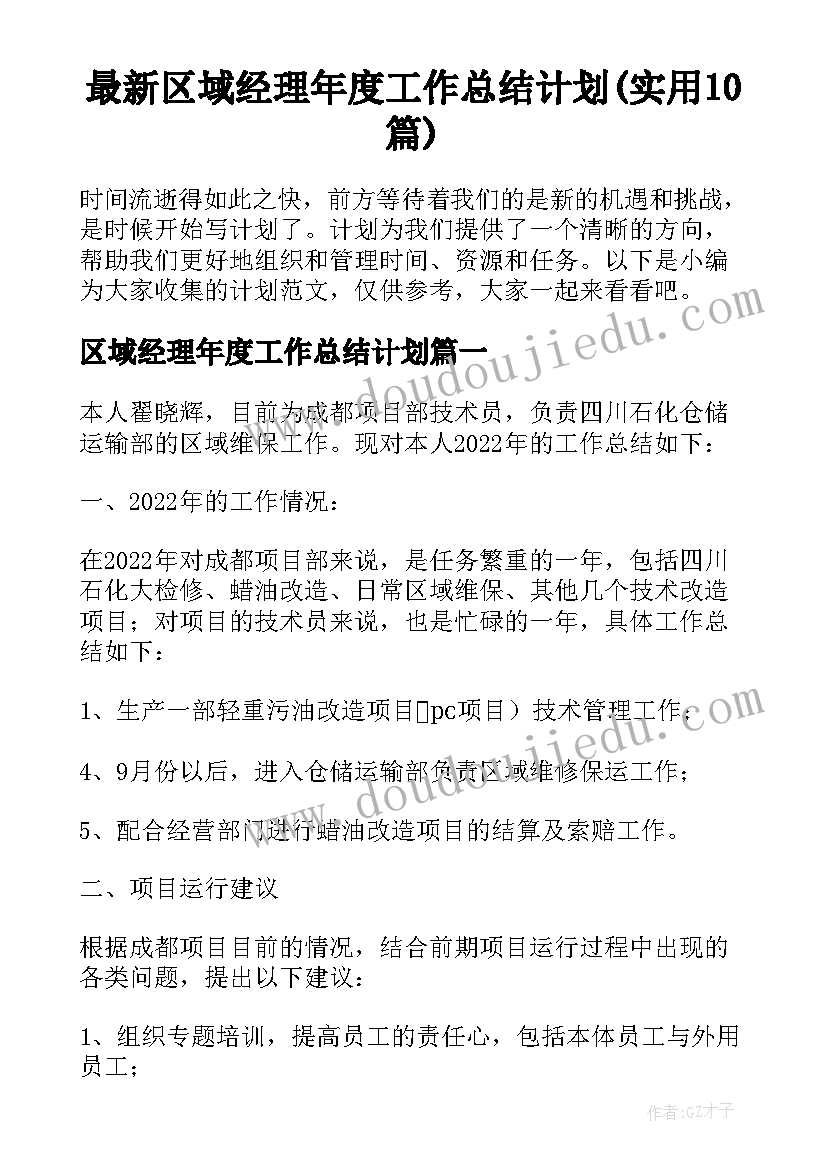 最新区域经理年度工作总结计划(实用10篇)