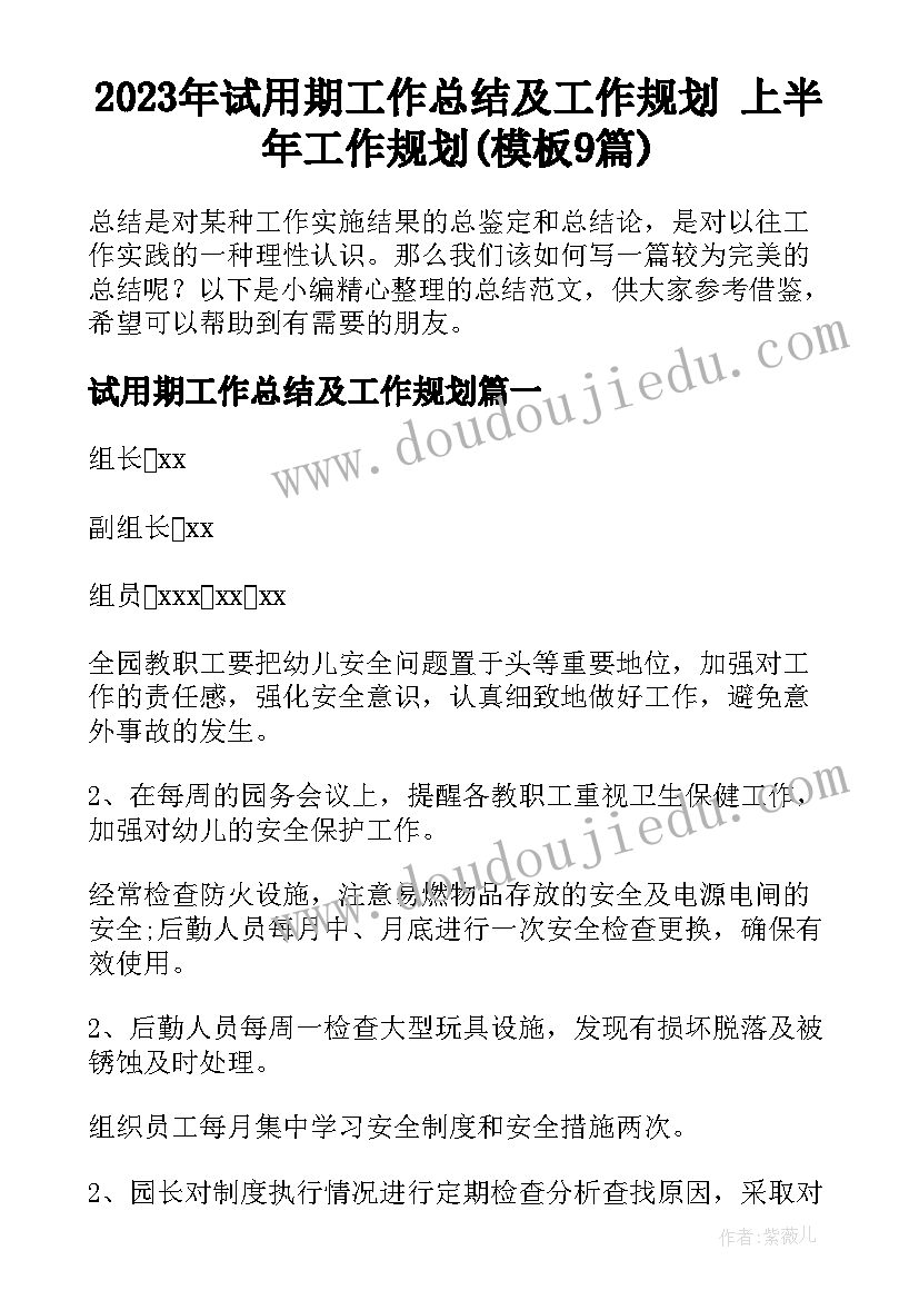 2023年试用期工作总结及工作规划 上半年工作规划(模板9篇)