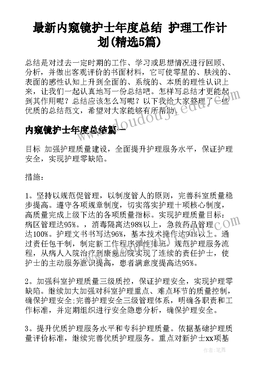 最新内窥镜护士年度总结 护理工作计划(精选5篇)