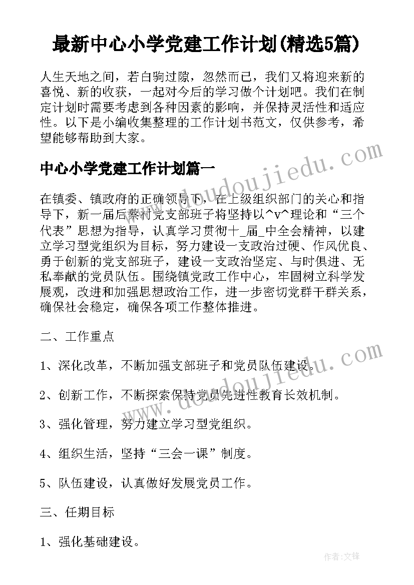 最新中心小学党建工作计划(精选5篇)