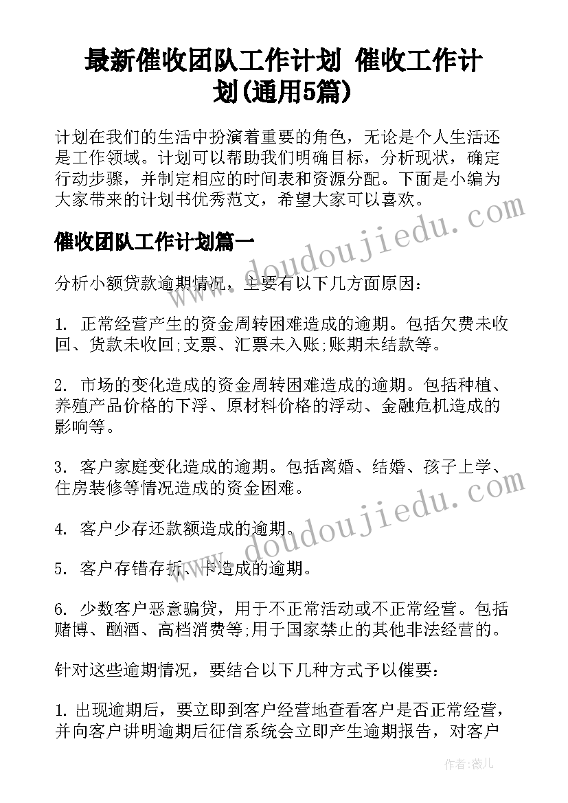 最新催收团队工作计划 催收工作计划(通用5篇)