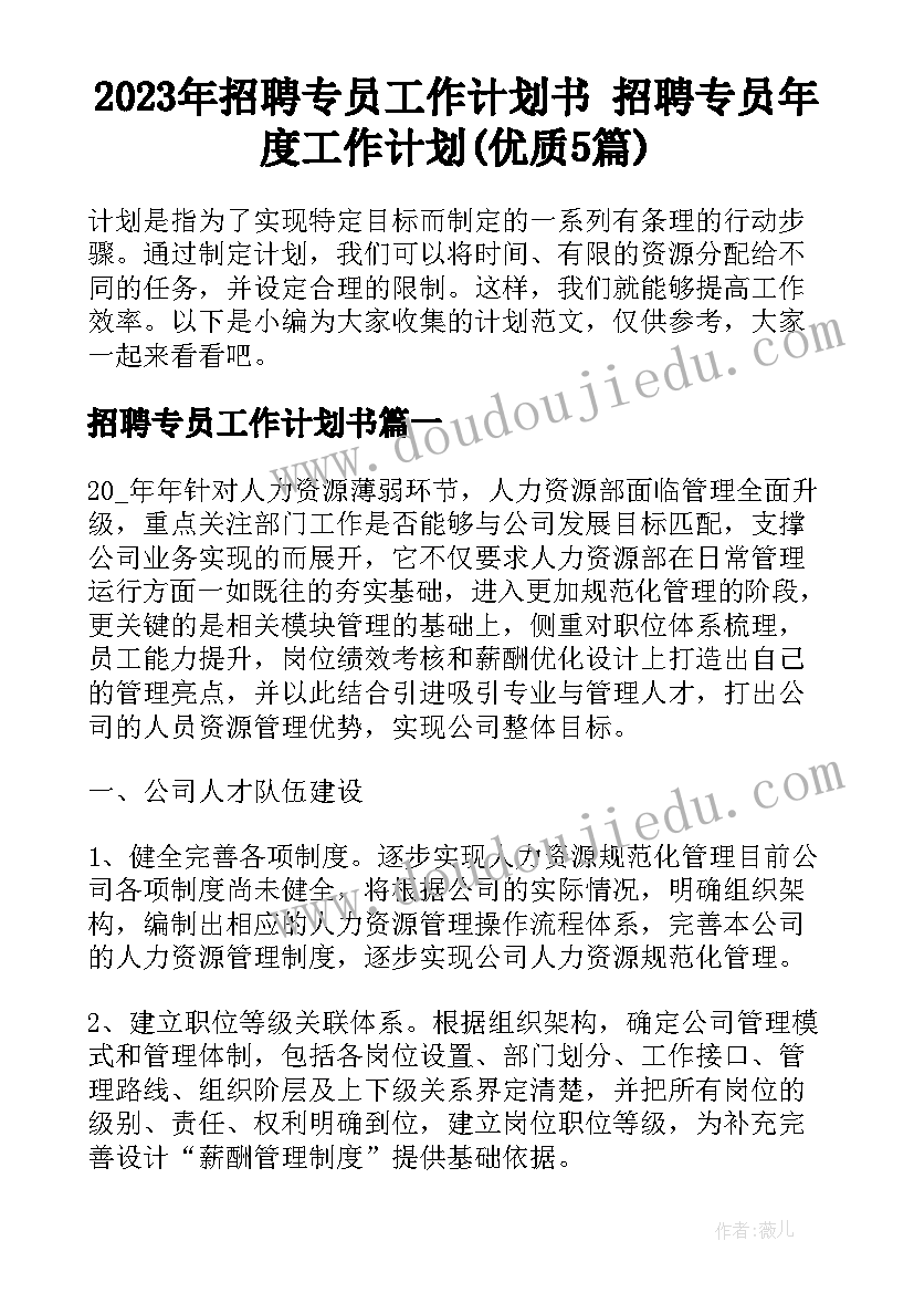 2023年招聘专员工作计划书 招聘专员年度工作计划(优质5篇)