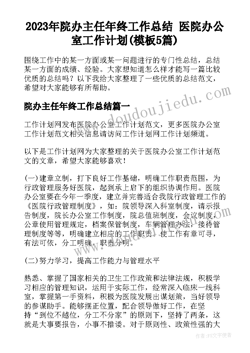 2023年院办主任年终工作总结 医院办公室工作计划(模板5篇)