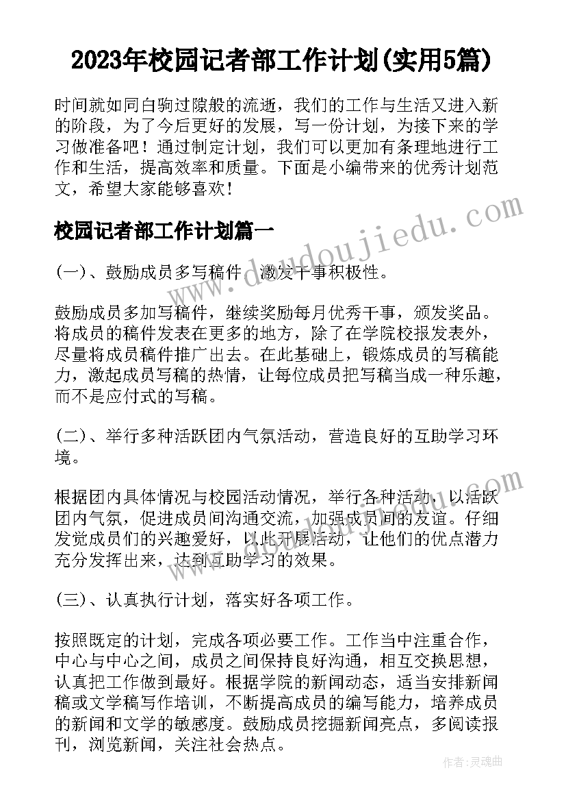 2023年校园记者部工作计划(实用5篇)