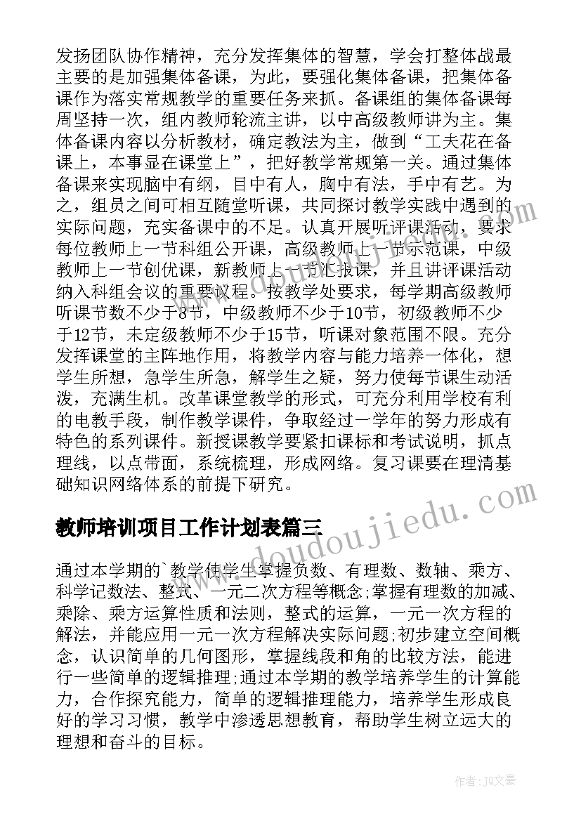 2023年教师培训项目工作计划表 教师工作计划(优秀6篇)