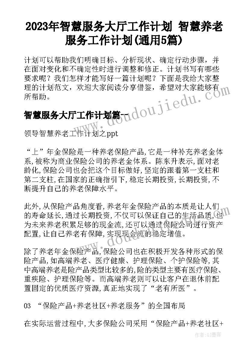 2023年智慧服务大厅工作计划 智慧养老服务工作计划(通用5篇)