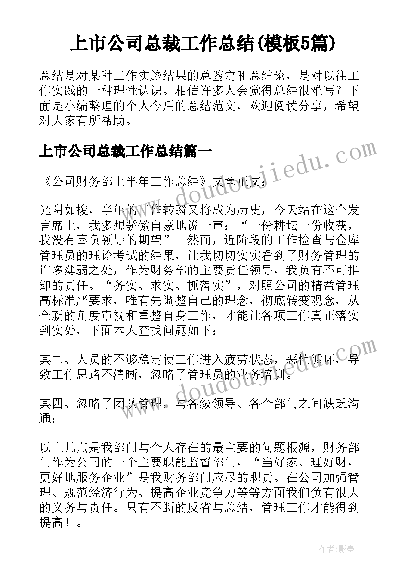 上市公司总裁工作总结(模板5篇)