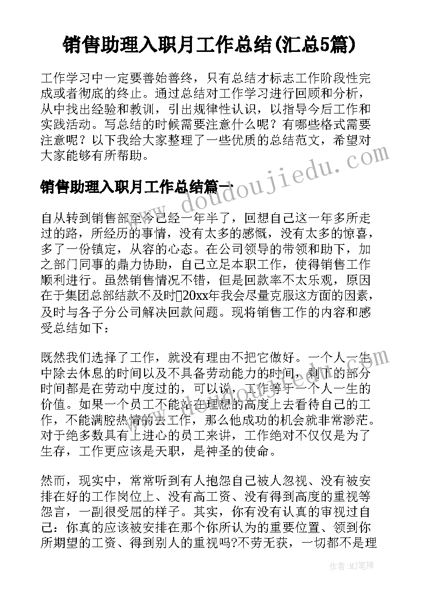 销售助理入职月工作总结(汇总5篇)