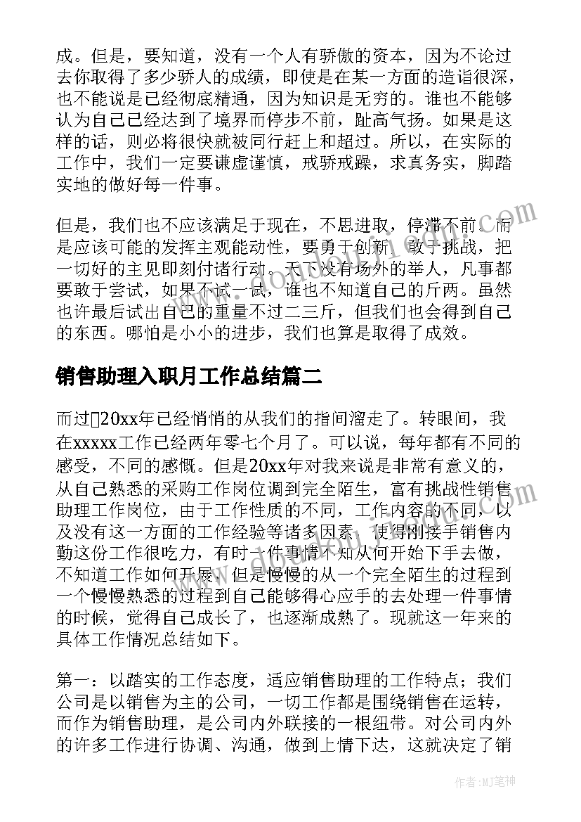 销售助理入职月工作总结(汇总5篇)