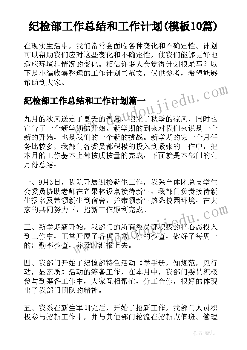 纪检部工作总结和工作计划(模板10篇)