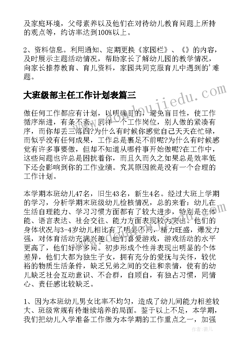 最新大班级部主任工作计划表 大班班主任工作计划(精选5篇)