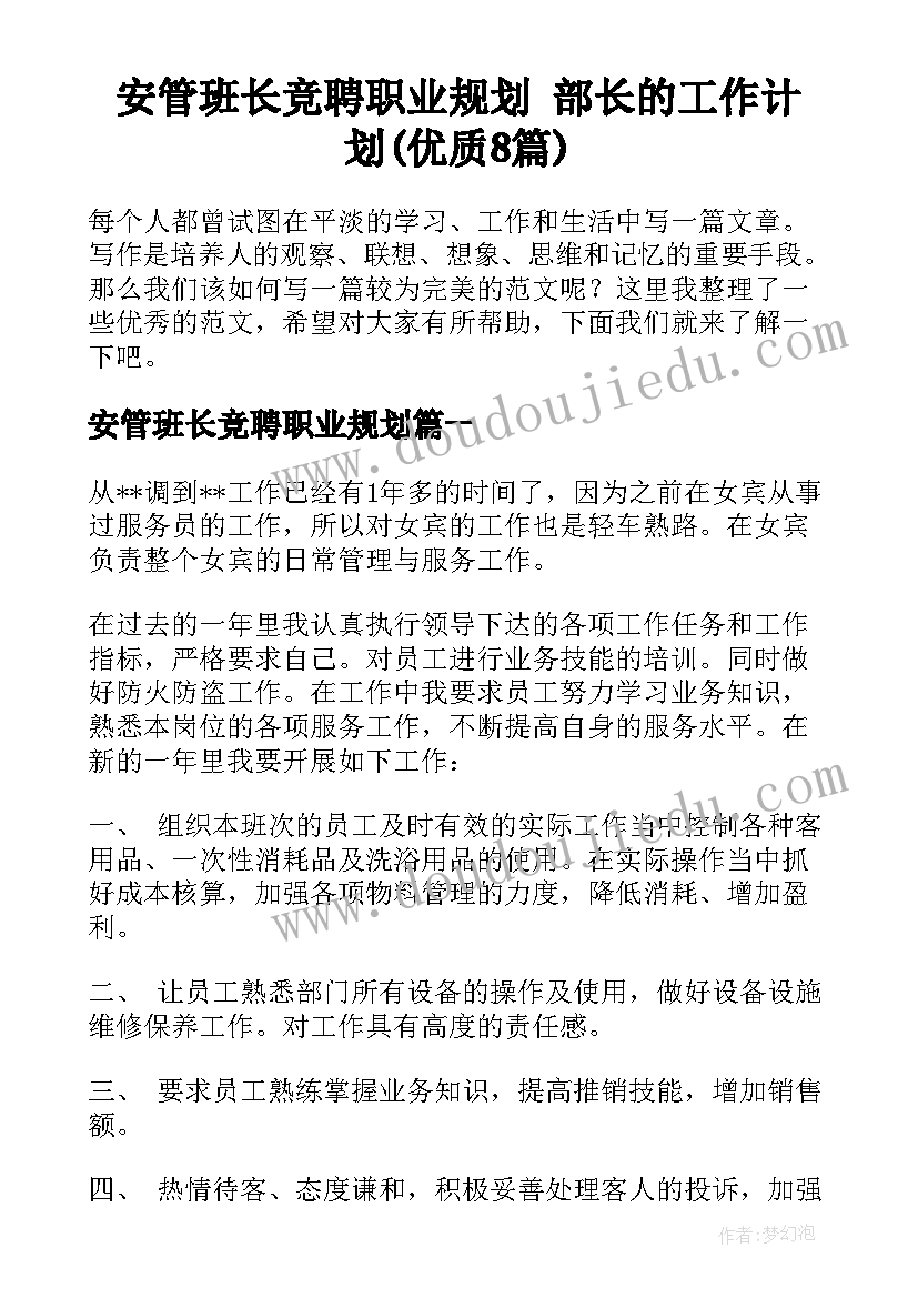 安管班长竞聘职业规划 部长的工作计划(优质8篇)