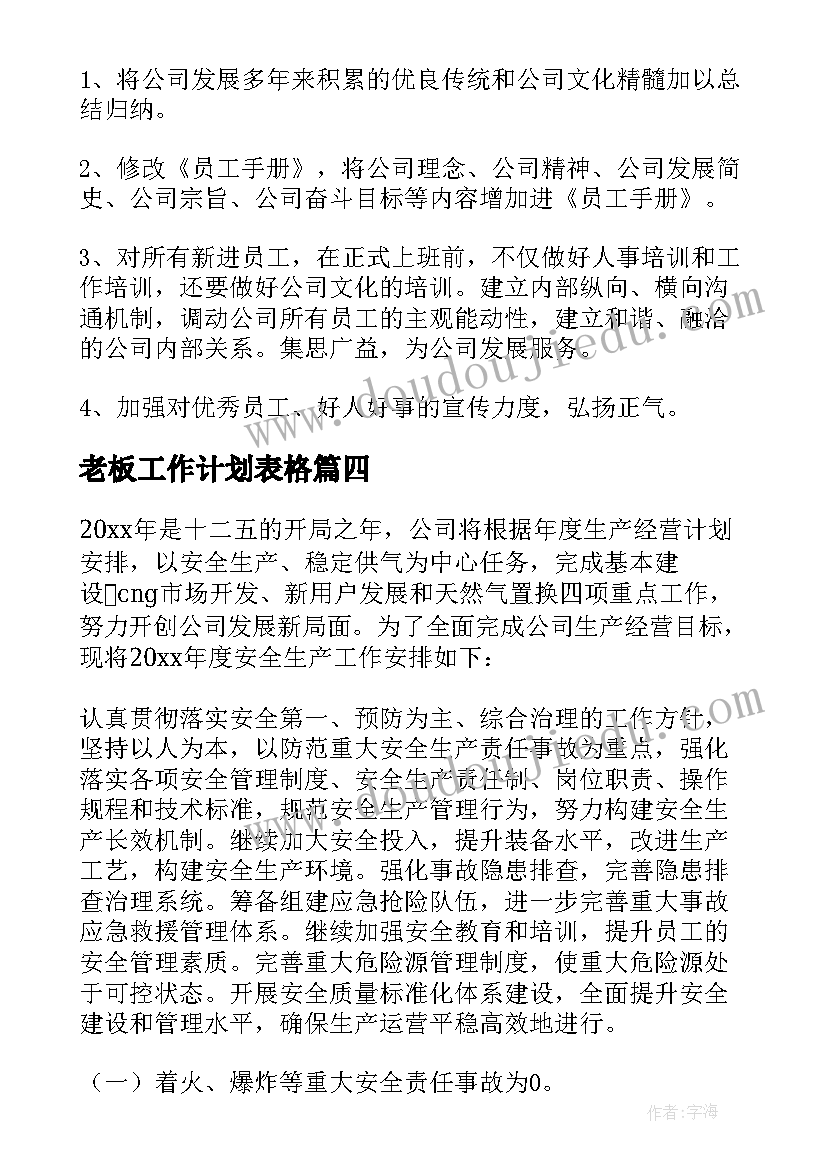 最新老板工作计划表格(实用6篇)