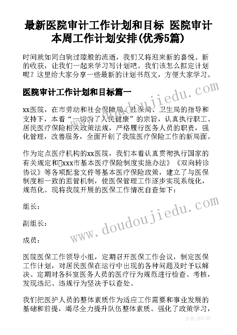 最新医院审计工作计划和目标 医院审计本周工作计划安排(优秀5篇)