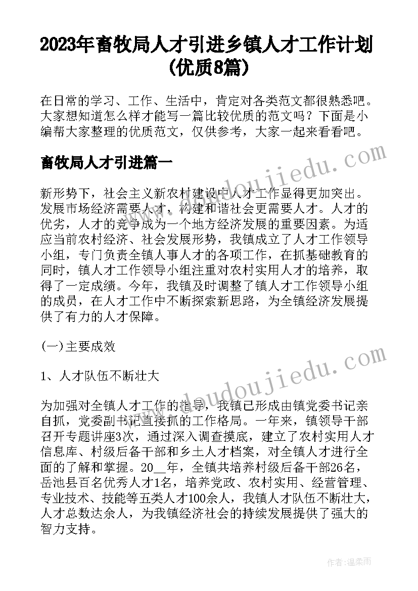 2023年畜牧局人才引进 乡镇人才工作计划(优质8篇)