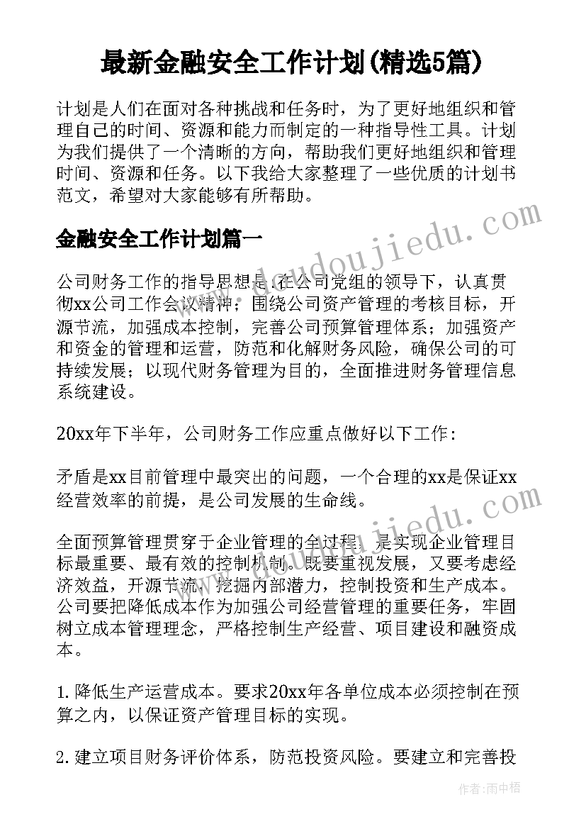 最新金融安全工作计划(精选5篇)