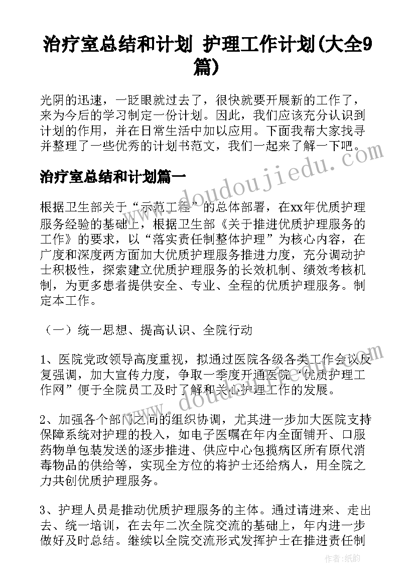 治疗室总结和计划 护理工作计划(大全9篇)