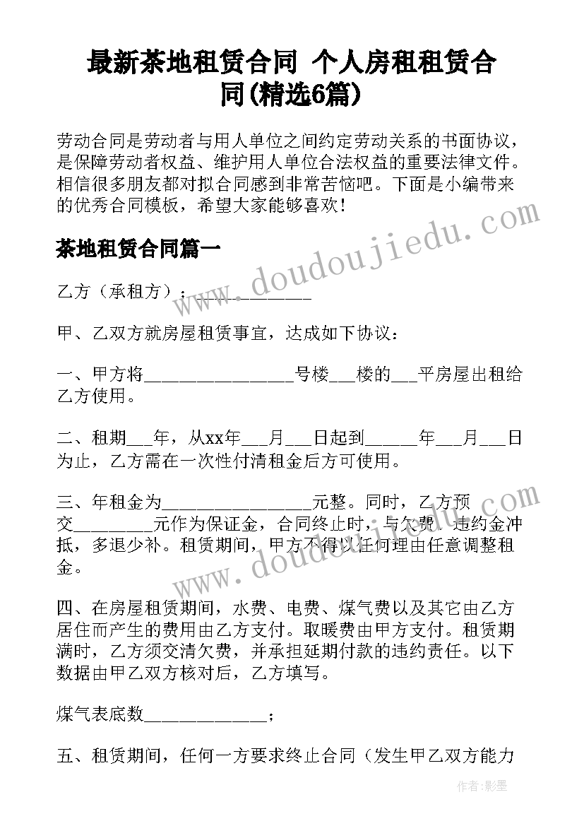 最新茶地租赁合同 个人房租租赁合同(精选6篇)
