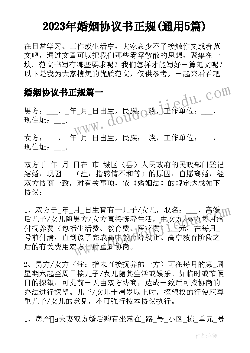 2023年婚姻协议书正规(通用5篇)