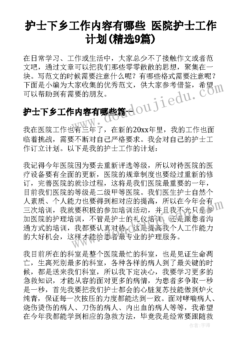 护士下乡工作内容有哪些 医院护士工作计划(精选9篇)