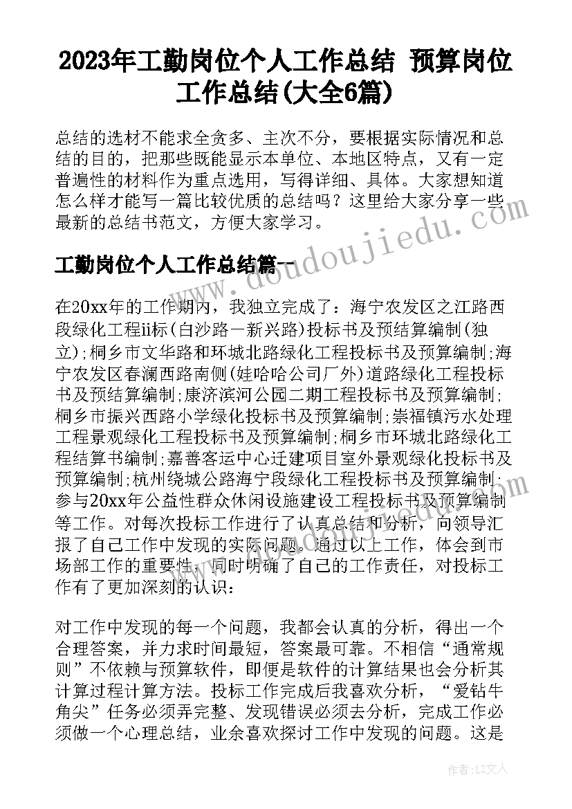 2023年工勤岗位个人工作总结 预算岗位工作总结(大全6篇)