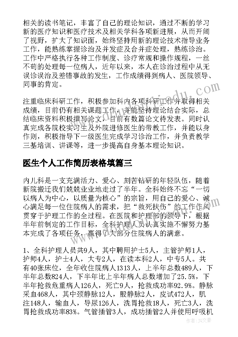 医生个人工作简历表格填 医生工作总结(模板8篇)