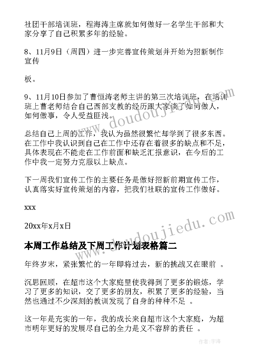 2023年本周工作总结及下周工作计划表格(优秀7篇)