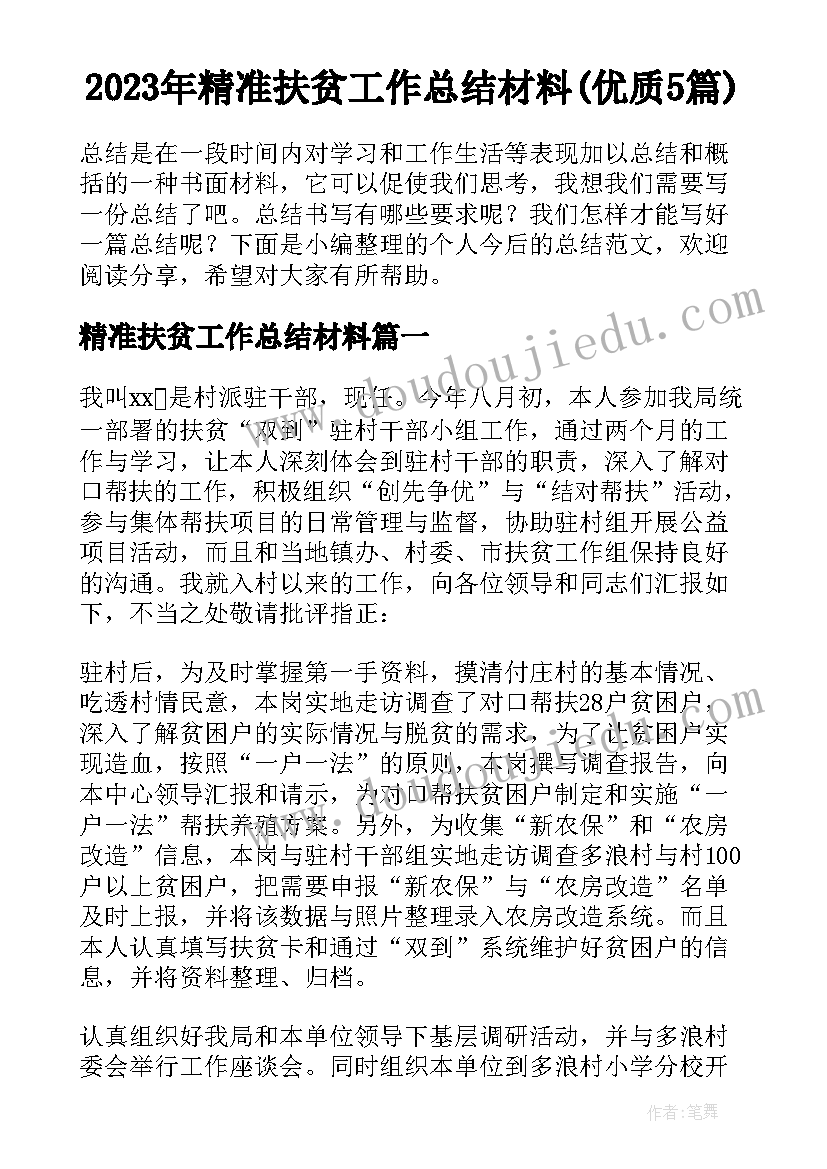 2023年精准扶贫工作总结材料(优质5篇)