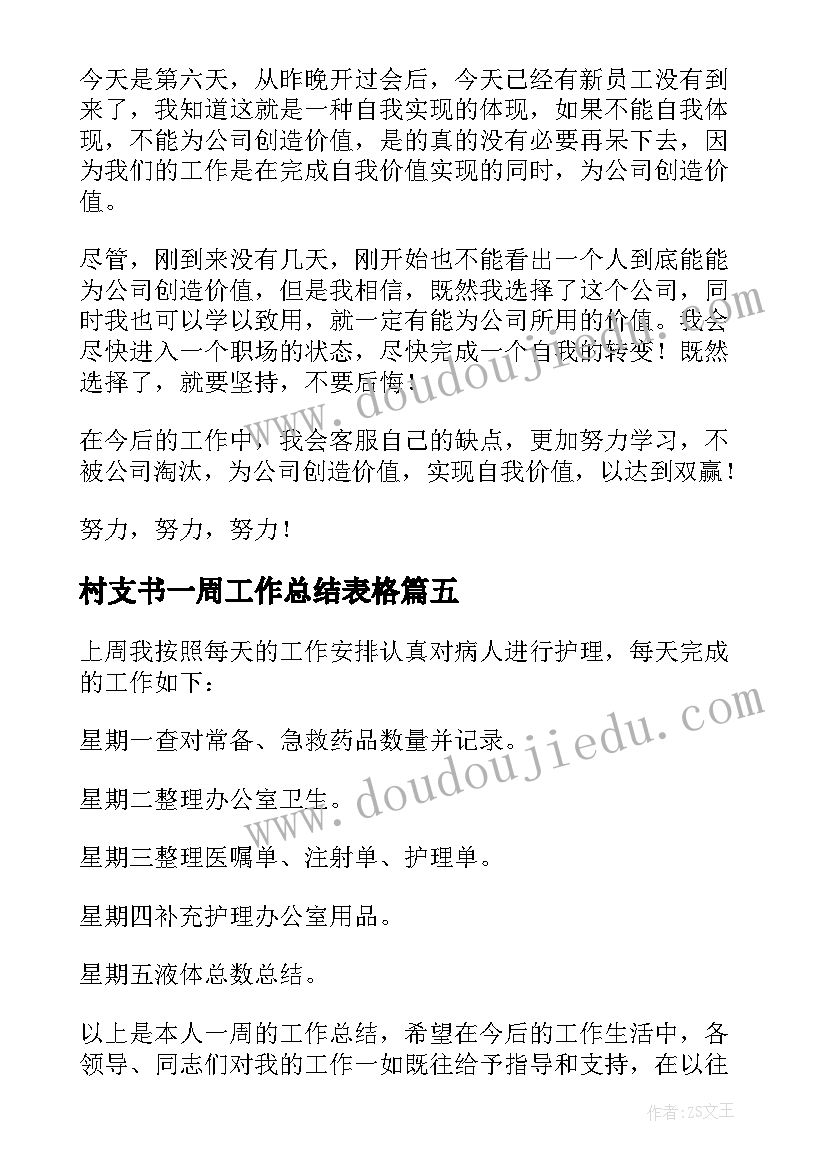 2023年村支书一周工作总结表格(通用10篇)