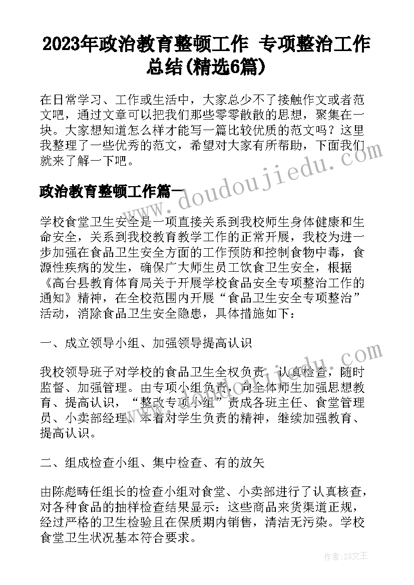 2023年政治教育整顿工作 专项整治工作总结(精选6篇)