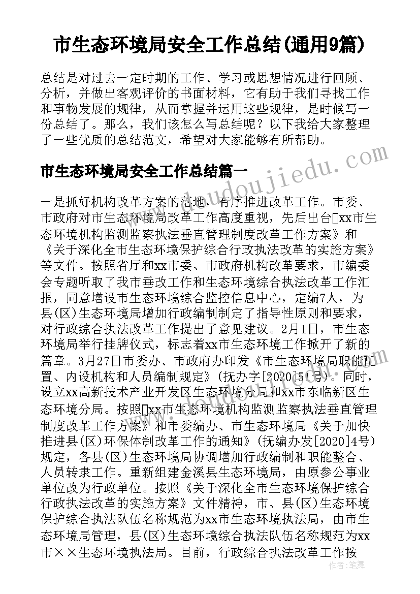 市生态环境局安全工作总结(通用9篇)