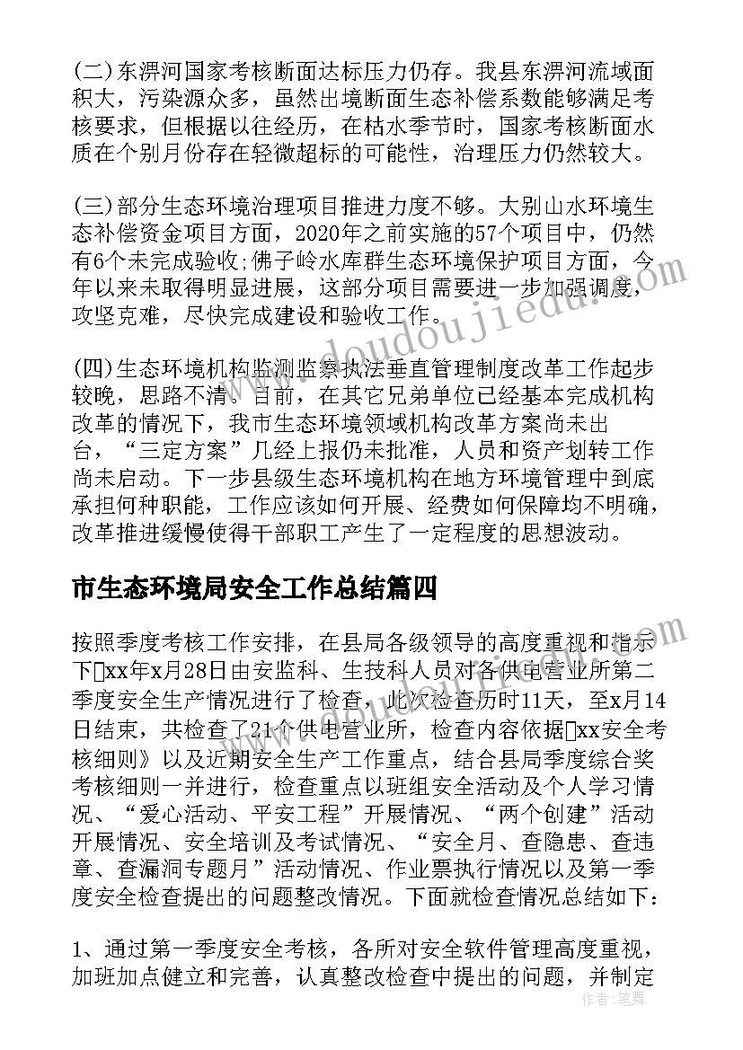 市生态环境局安全工作总结(通用9篇)