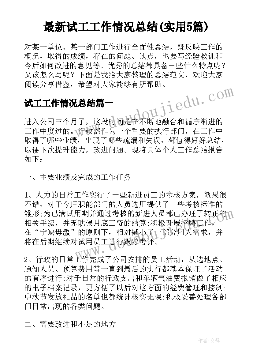 最新试工工作情况总结(实用5篇)