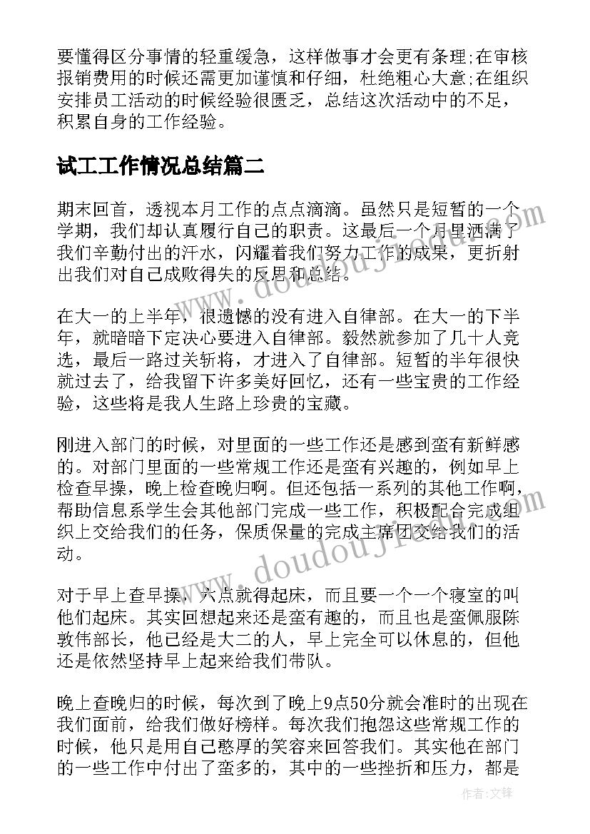 最新试工工作情况总结(实用5篇)