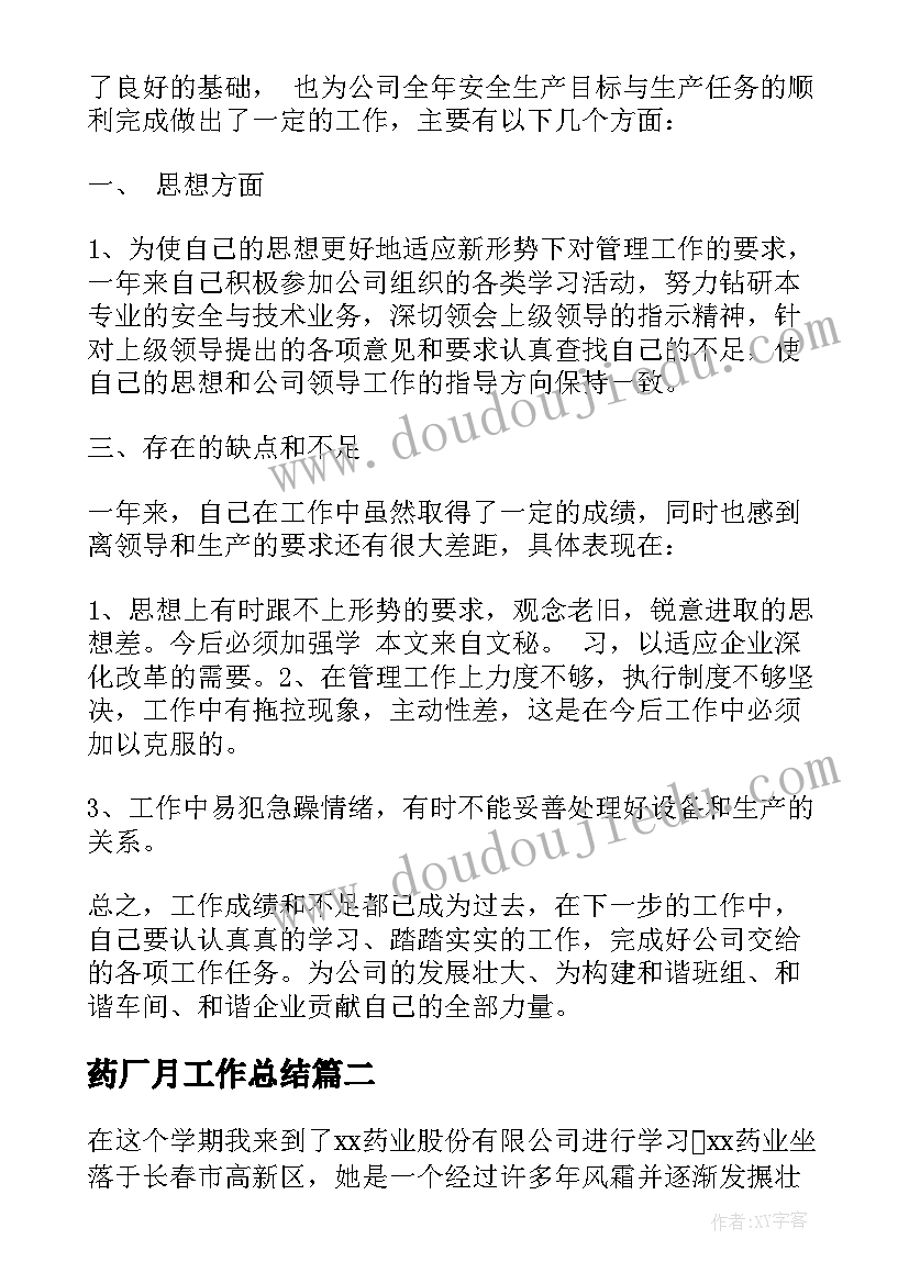 药厂月工作总结 药厂个人工作总结(优质6篇)